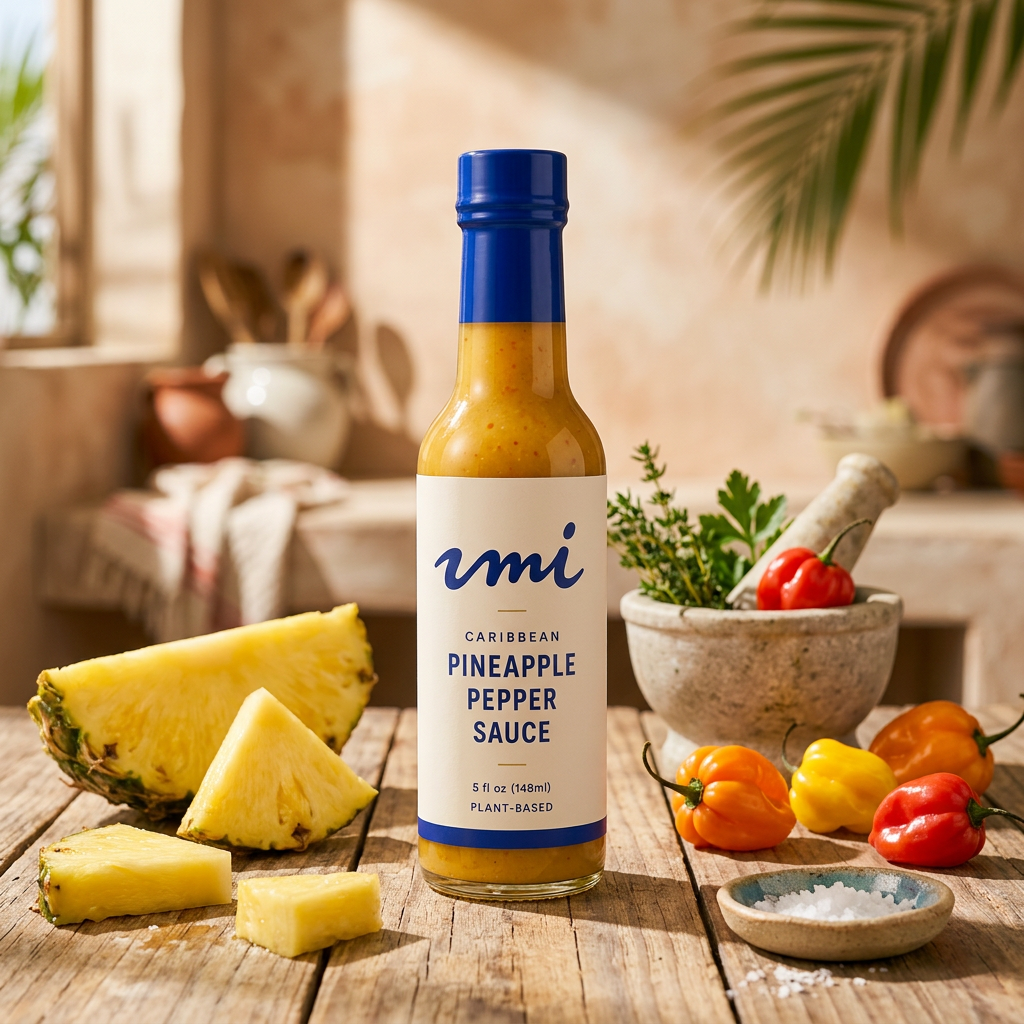 UMI bottle beside fresh pineapple and scotch bonnet peppers