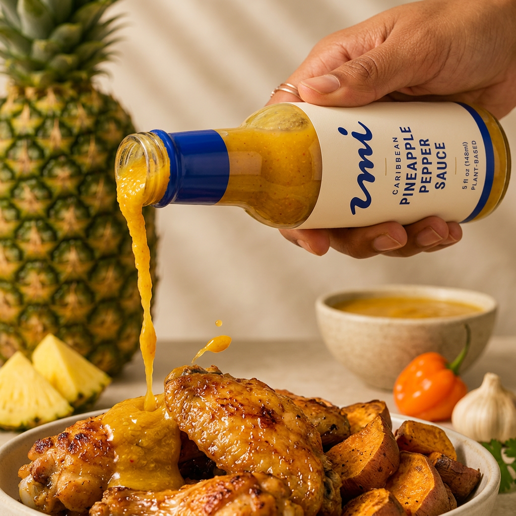 UMI sauce being poured from the bottle over wings