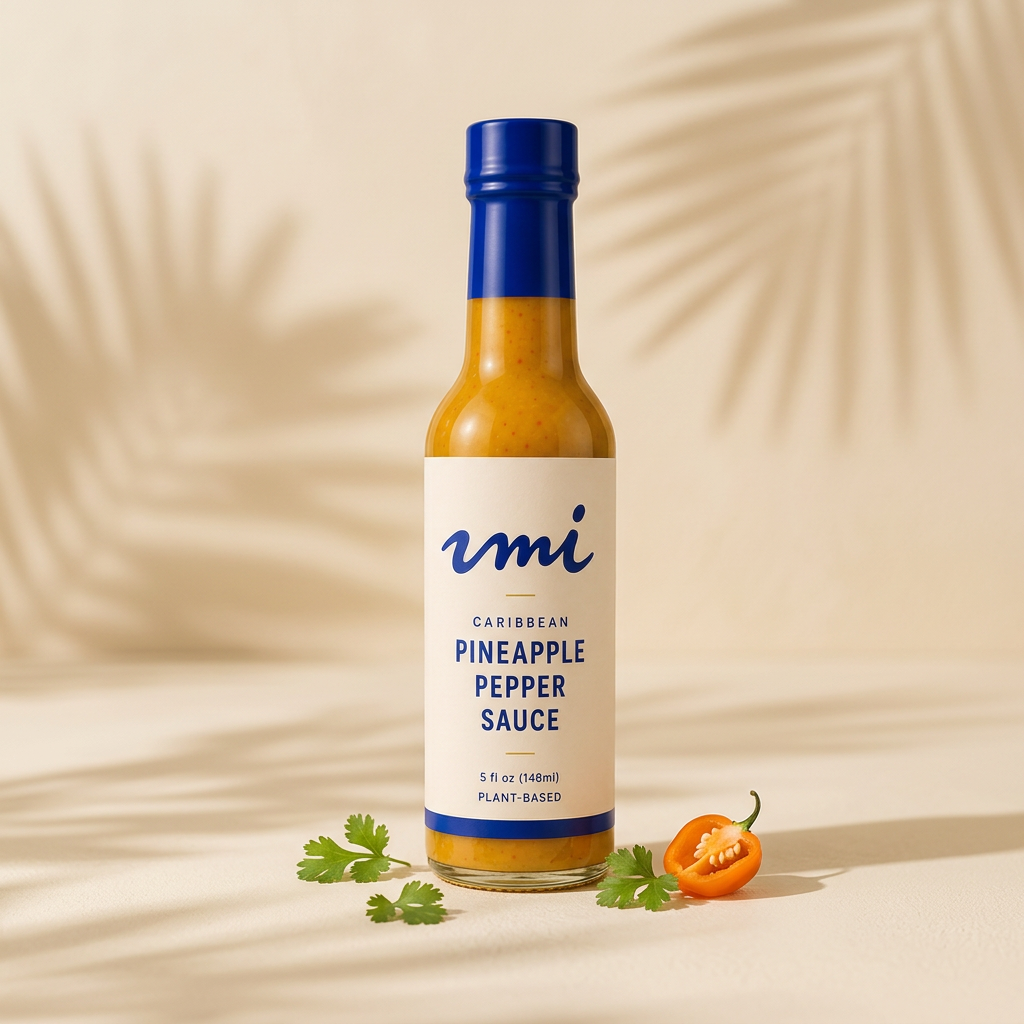 UMI pineapple pepper sauce bottle on a warm cream backdrop