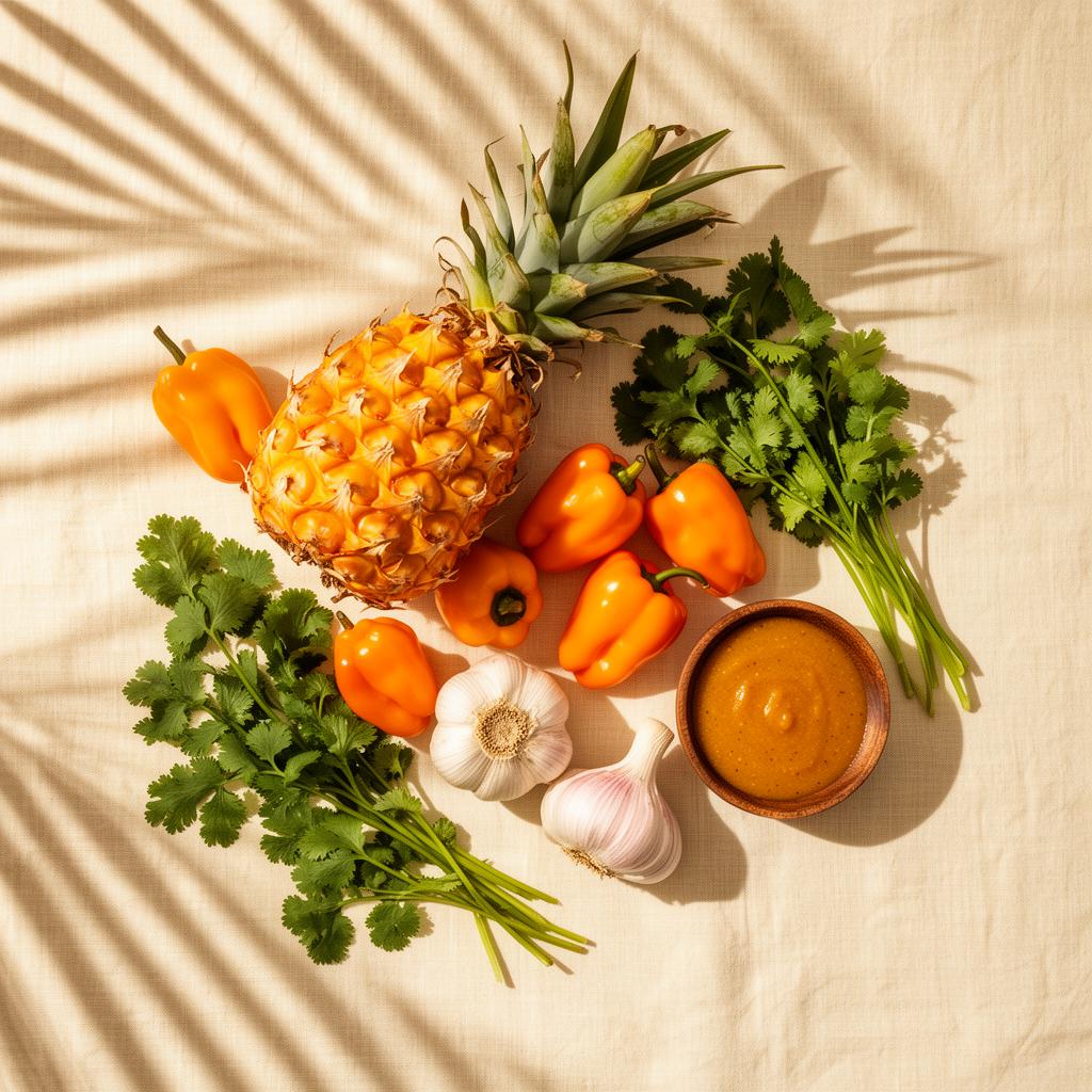 Fresh pineapple, scotch bonnet peppers, garlic and cilantro
