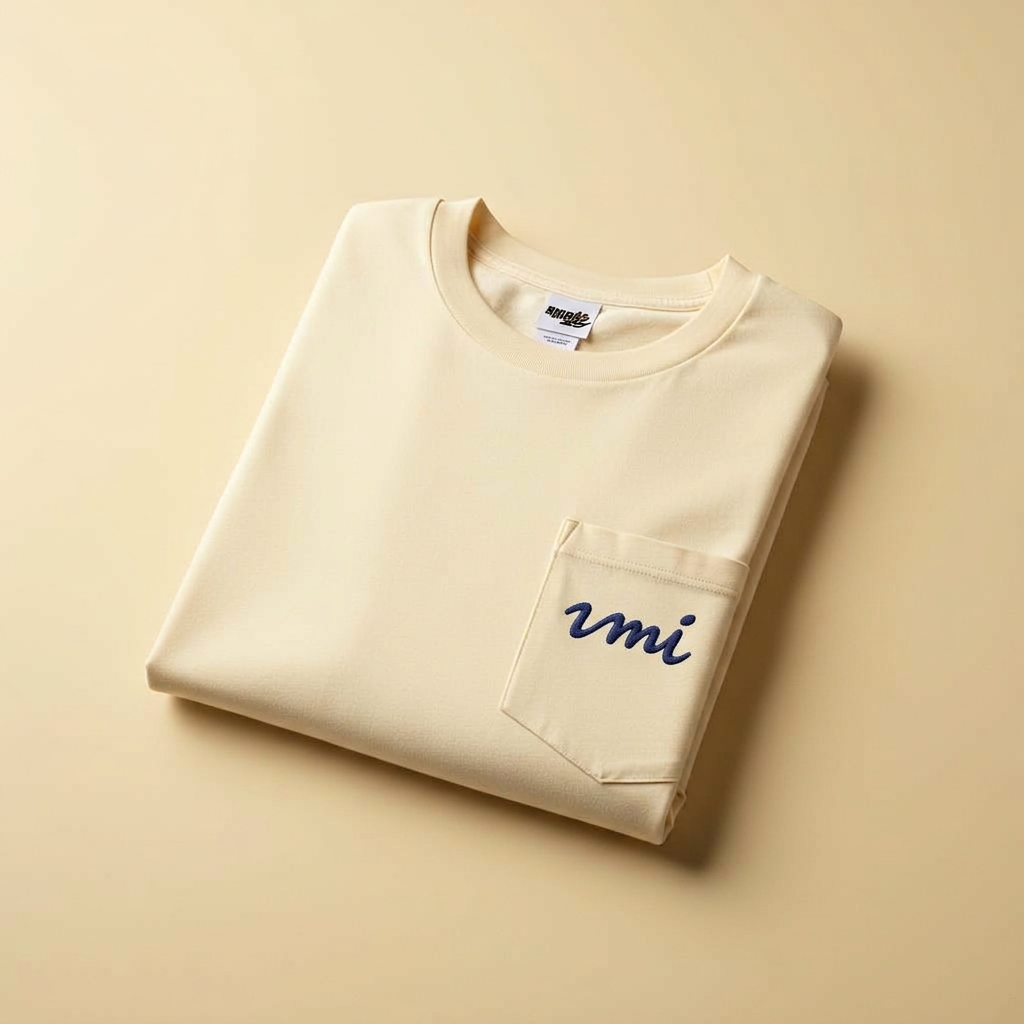 Cream UMI pocket tee with embroidered logo on the right pocket